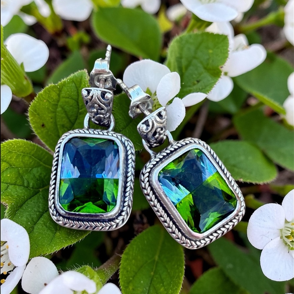 Sarda 925 Earrings Silver Bi-Color Blue Green Statement Earrings - Picture 5 of 6